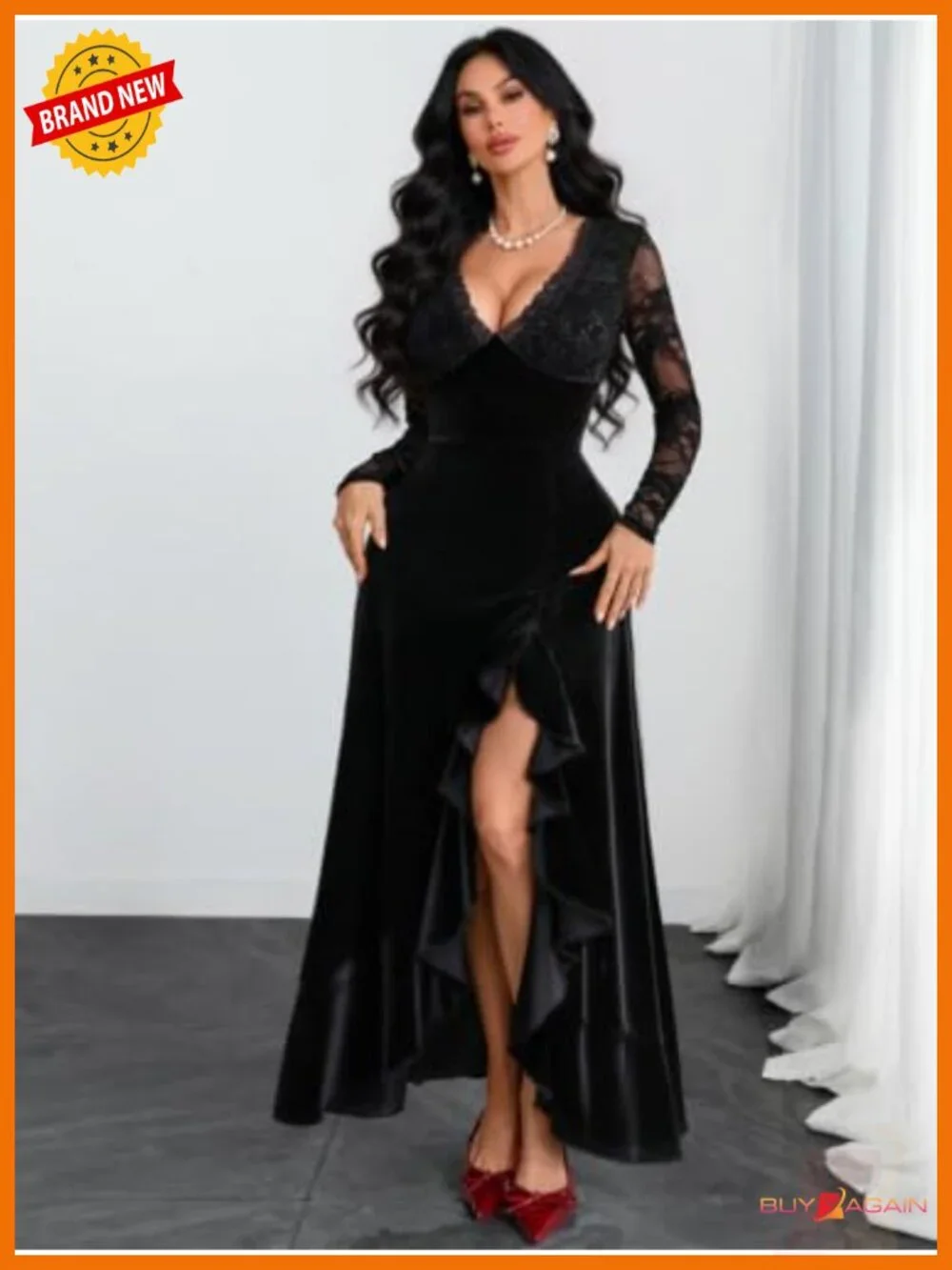 Velvet Lace Long Sleeve Maxi Dress Gothic Formal Gown